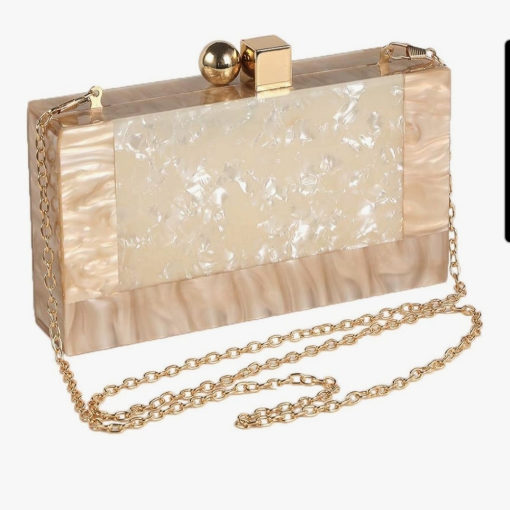 New Women Acrylic Marble Glitter Clutch Purse Handbag W Chain Strap